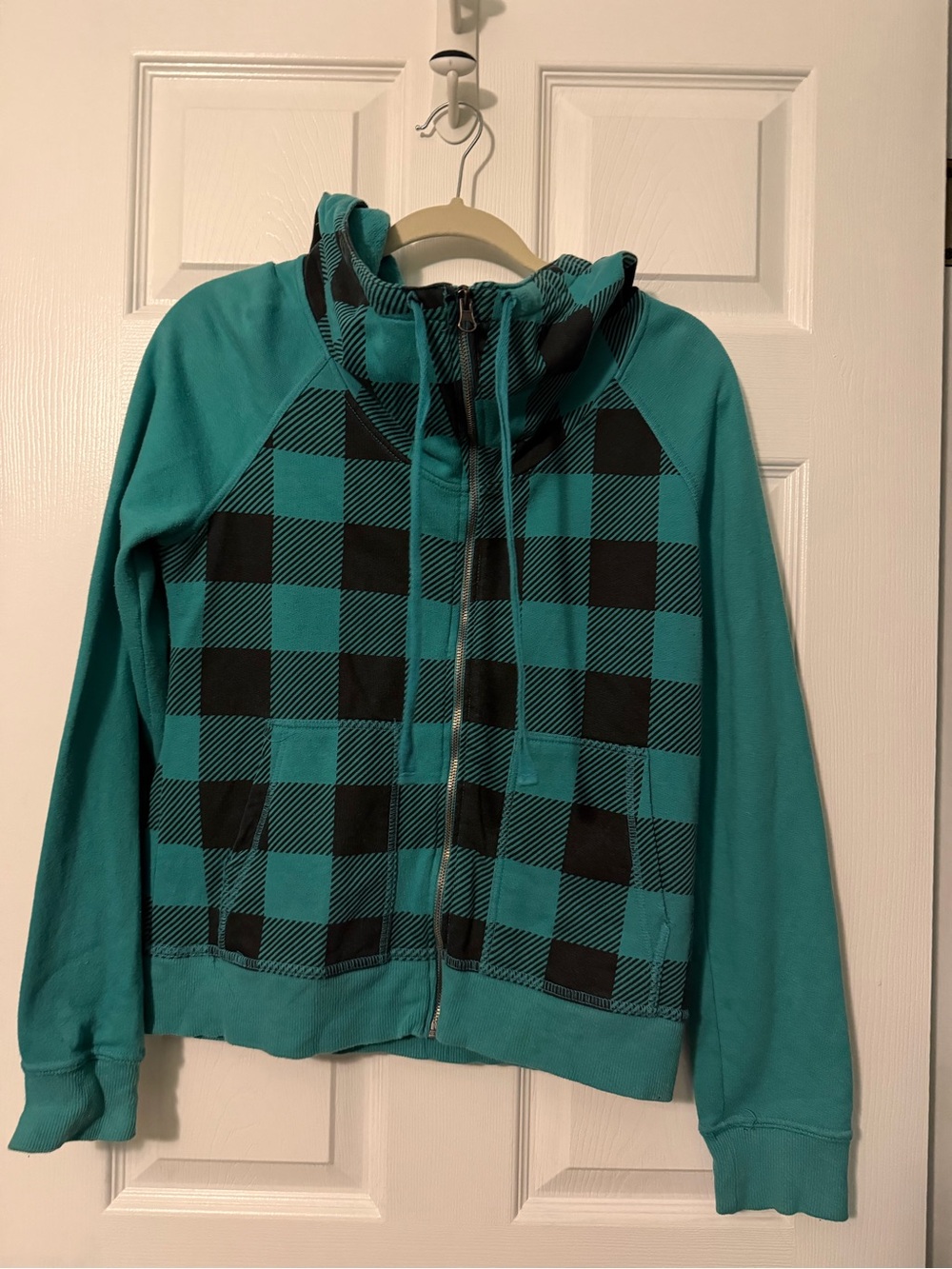 Teal & Black Plaid Zip Hoodie Jacket